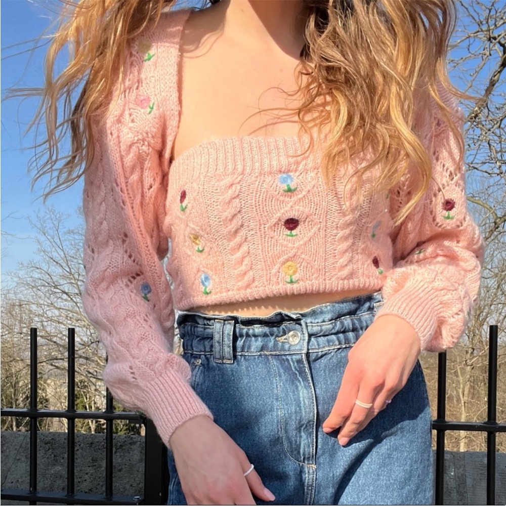 Zara - Pink Pointelle Knit Tube Top & Arm Warmer Set